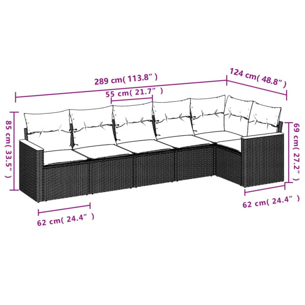 Set de muebles de jardín 6 pzas y cojines ratán sintético gris M 3