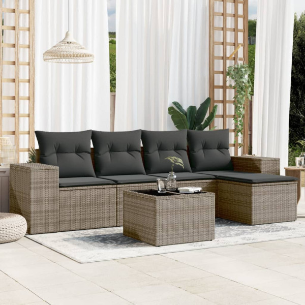 6 pcs conjunto sofás de jardim com almofadões vime cinzento D