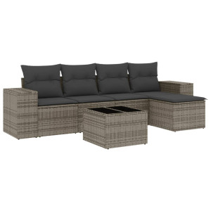 6 pcs conjunto sofás de jardim com almofadões vime cinzento H