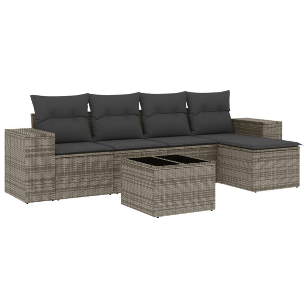 Set de muebles de jardín 6 pzas y cojines ratán sintético gris M 2