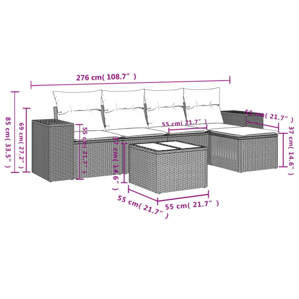 Set de muebles de jardín 6 pzas y cojines ratán sintético gris M 3