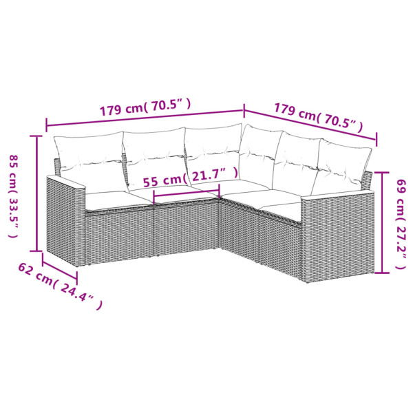 5 pcs conjunto sofás de jardim com almofadões vime PE preto M 3