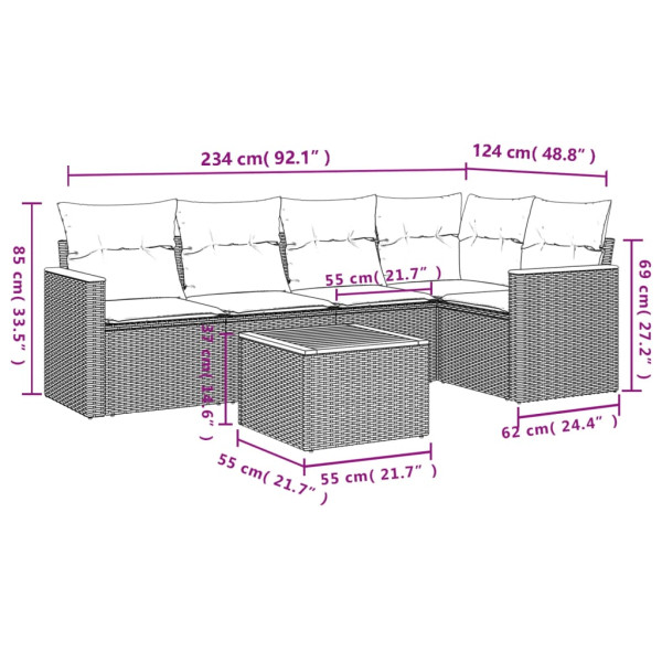 6 pcs conjunto sofás de jardim com almofadões vime cinzento M 3