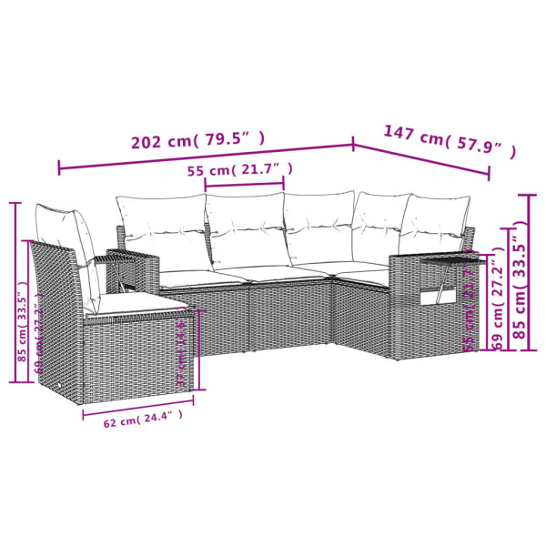 Set de muebles de jardín 5 pzas y cojines ratán sintético negro M 3