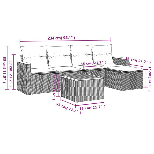 6 pcs conjunto sofás de jardim com almofadões vime cinzento M 3