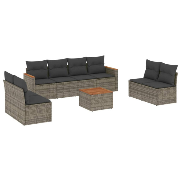 9 pcs conjunto sofás p/ jardim com almofadões vime PE cinzento M 2