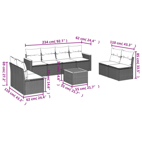 Set de muebles de jardín 9 pzas y cojines ratán sintético gris M 3