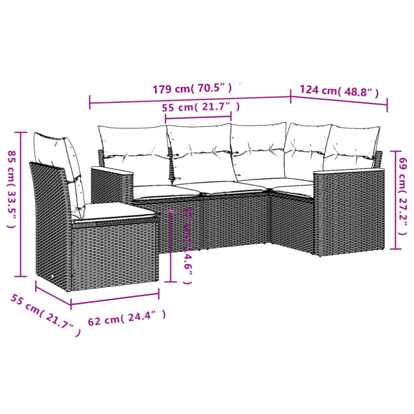 Set de muebles de jardín 5 pzas y cojines ratán sintético negro M 3