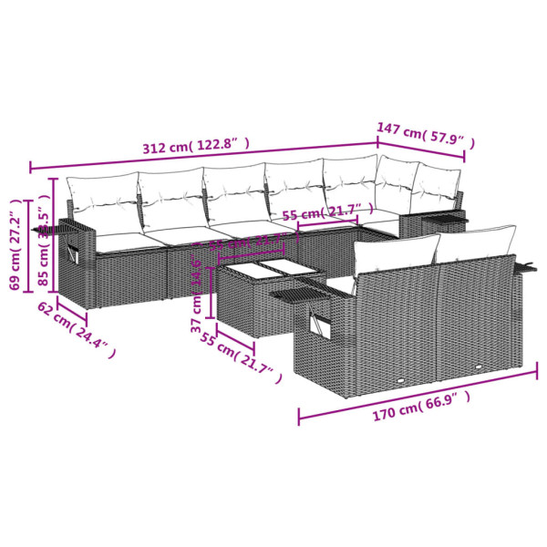 9 pcs conjunto sofás p/ jardim com almofadões vime PE cinzento M 3