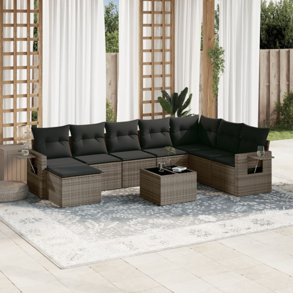 9 pcs conjunto sofás p/ jardim com almofadões vime PE cinzento D
