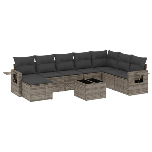 Set de muebles de jardín 9 pzas y cojines ratán sintético gris M 2