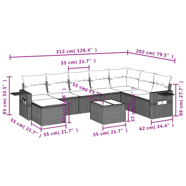 9 pcs conjunto sofás p/ jardim com almofadões vime PE cinzento M 3