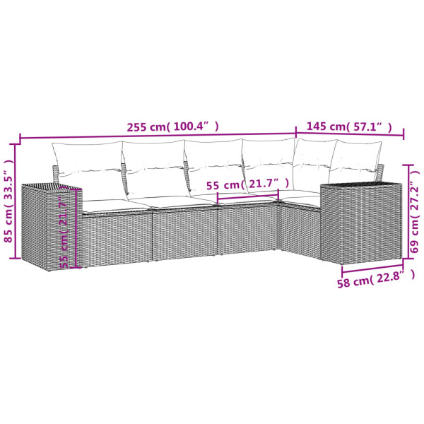 5 pcs conjunto sofás de jardim com almofadões vime PE preto M 3