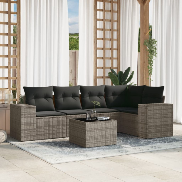 Set de muebles de jardín 6 pzas y cojines ratán sintético gris D