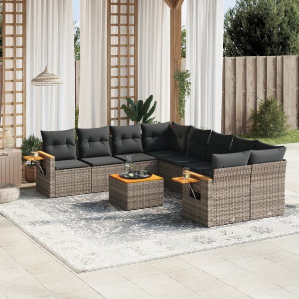 Set de muebles de jardín 9 pzas y cojines ratán sintético gris D