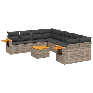 9 pcs conjunto sofás p/ jardim com almofadões vime PE cinzento H