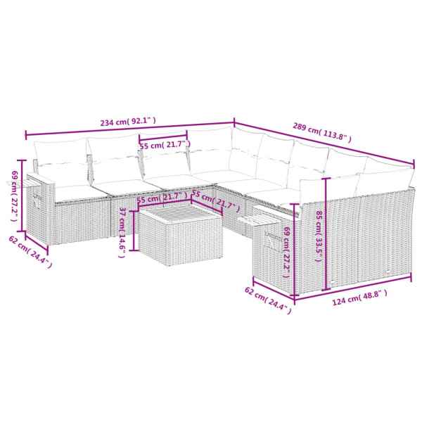 Set de muebles de jardín 9 pzas y cojines ratán sintético gris M 3