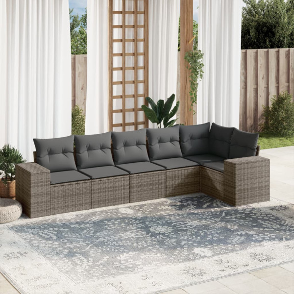 6 pcs conjunto sofás de jardim com almofadões vime cinzento D