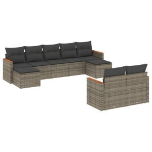 Set de muebles de jardín 9 pzas y cojines ratán sintético gris H