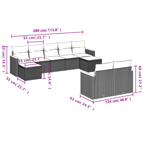 Set de muebles de jardín 9 pzas y cojines ratán sintético gris M 3