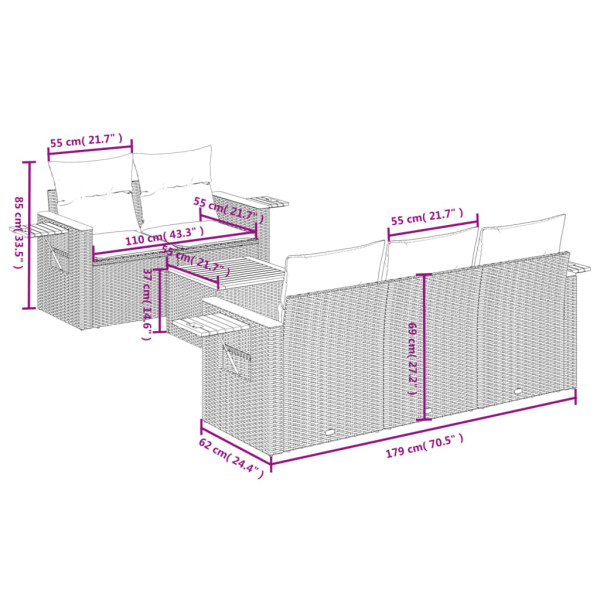 6 pcs conjunto sofás de jardim com almofadões vime cinzento M 3