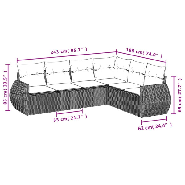 6 pcs conjunto sofás de jardim com almofadões vime cinzento M 3