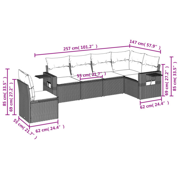 6 pcs conjunto sofás de jardim com almofadões vime cinzento M 3