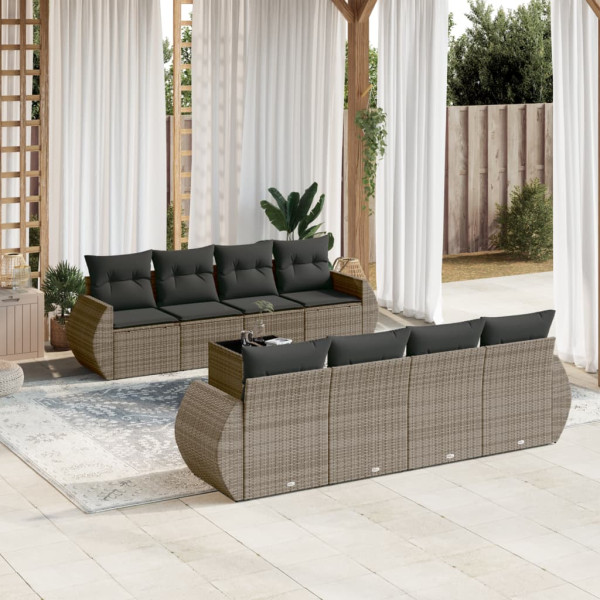 9 pcs conjunto sofás p/ jardim com almofadões vime PE cinzento D