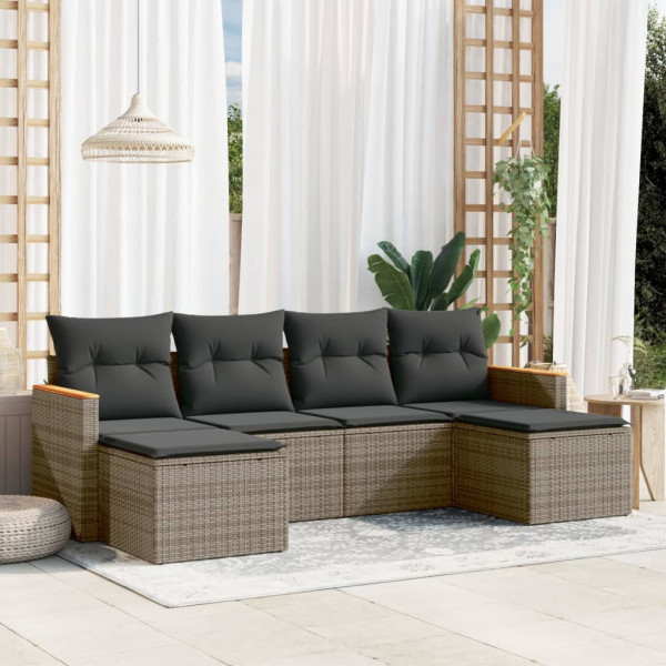 6 pcs conjunto sofás de jardim com almofadões vime cinzento D