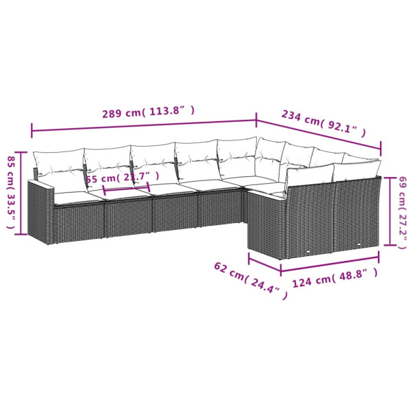 Set de muebles de jardín 9 pzas y cojines ratán sintético gris M 3