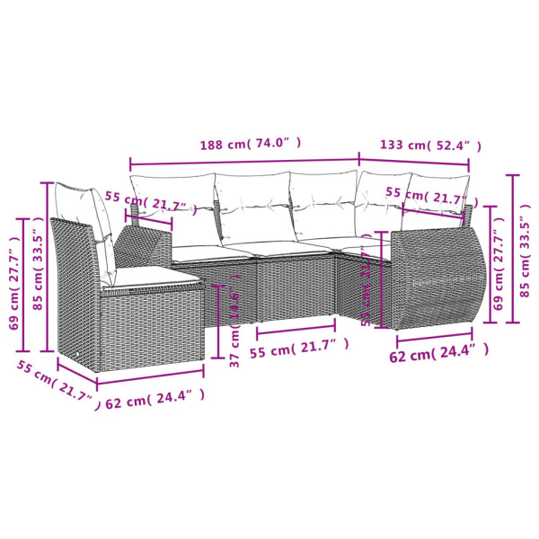 5 pcs conjunto sofás de jardim com almofadões vime PE preto M 3