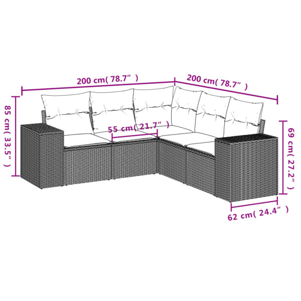 5 pcs conjunto sofás de jardim com almofadões vime PE preto M 3