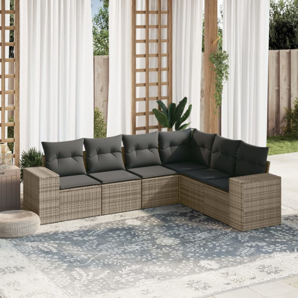 6 pcs conjunto sofás de jardim com almofadões vime cinzento D