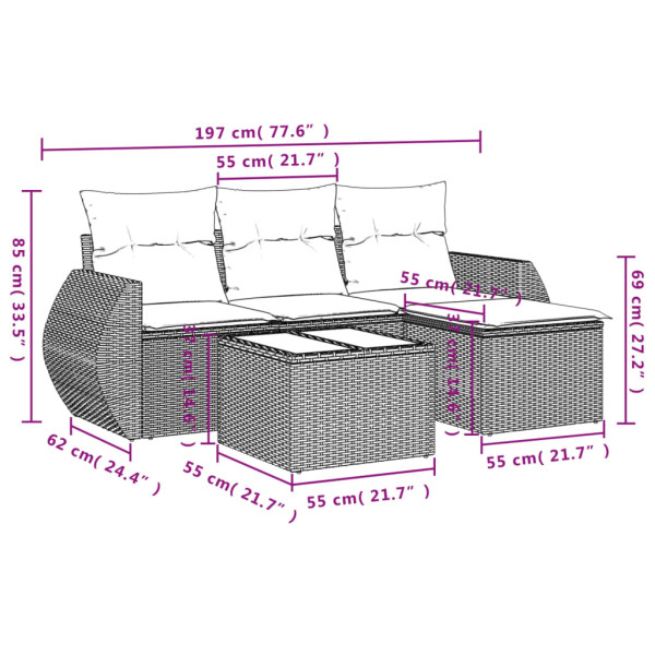 5 pcs conjunto sofás de jardim com almofadões vime PE preto M 3