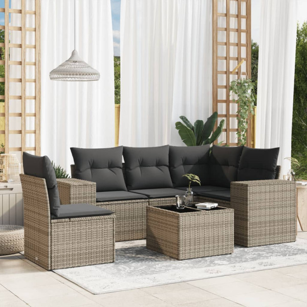 6 pcs conjunto sofás de jardim com almofadões vime cinzento D