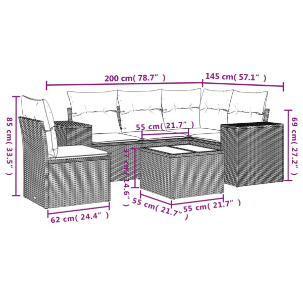 Set de muebles de jardín 6 pzas y cojines ratán sintético gris M 3