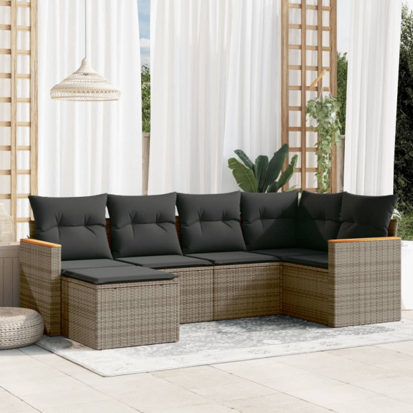 6 pcs conjunto sofás de jardim com almofadões vime cinzento D