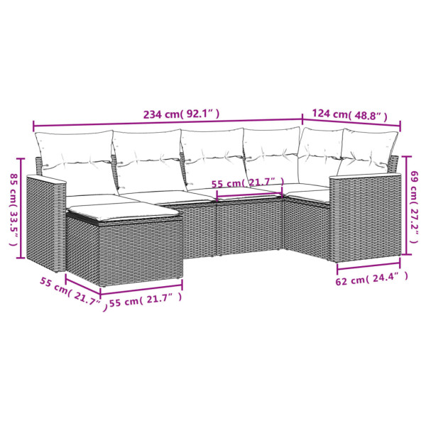 6 pcs conjunto sofás de jardim com almofadões vime cinzento M 3