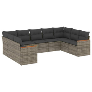 9 pcs conjunto sofás p/ jardim com almofadões vime PE cinzento H