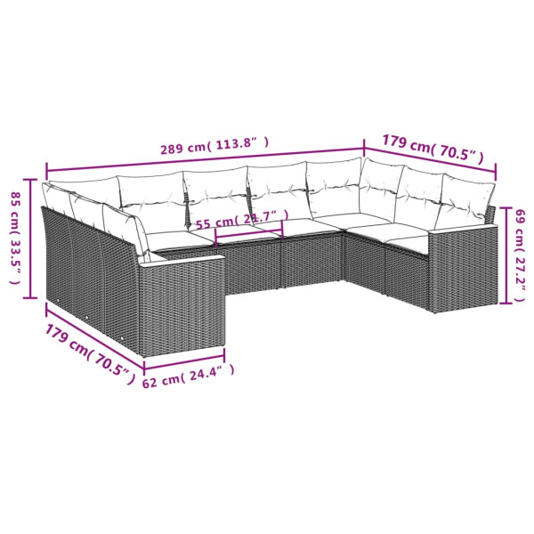 Set de muebles de jardín 9 pzas y cojines ratán sintético gris M 3