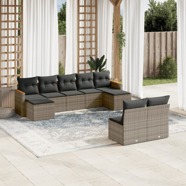 9 pcs conjunto sofás p/ jardim com almofadões vime PE cinzento D