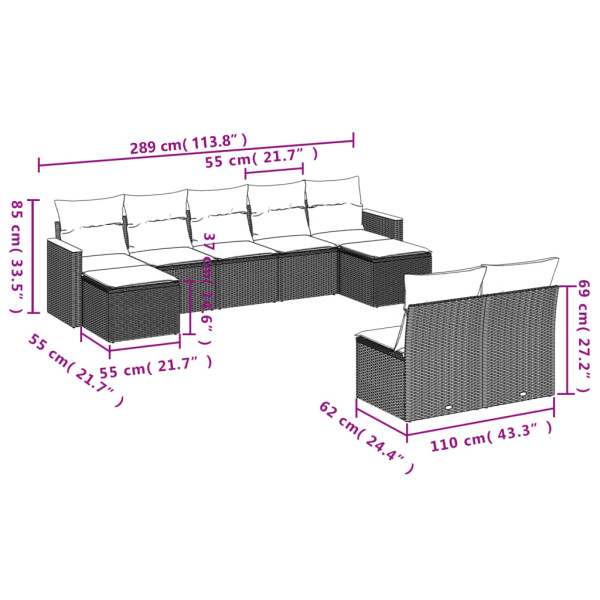 9 pcs conjunto sofás p/ jardim com almofadões vime PE cinzento M 3