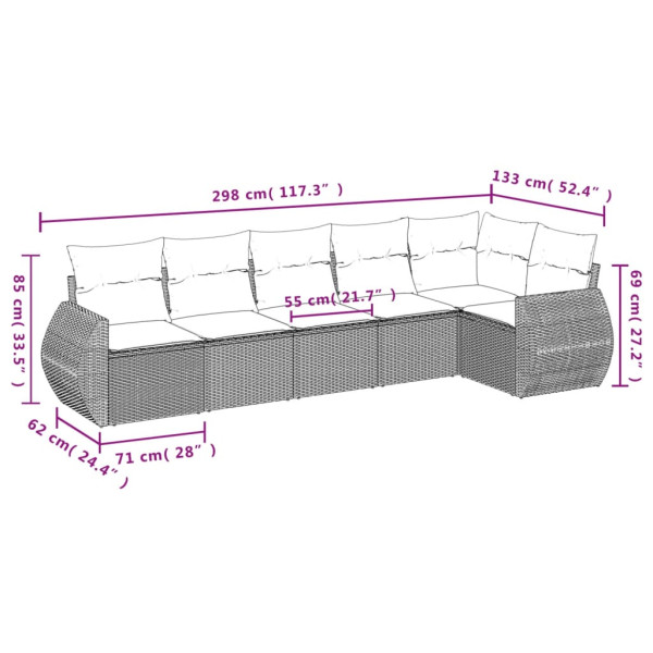6 pcs conjunto sofás de jardim com almofadões vime cinzento M 3