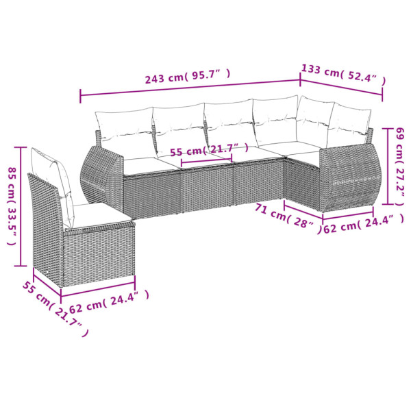 6 pcs conjunto sofás de jardim com almofadões vime cinzento M 3