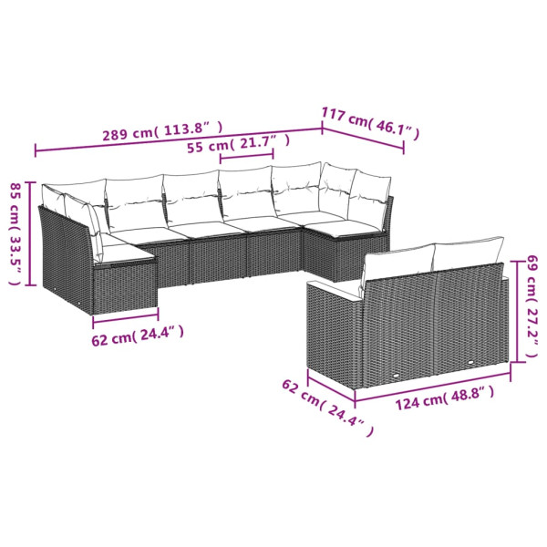Set de muebles de jardín 9 pzas y cojines ratán sintético gris M 3