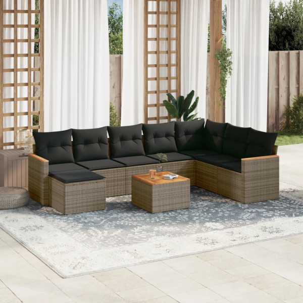9 pcs conjunto sofás p/ jardim com almofadões vime PE cinzento D