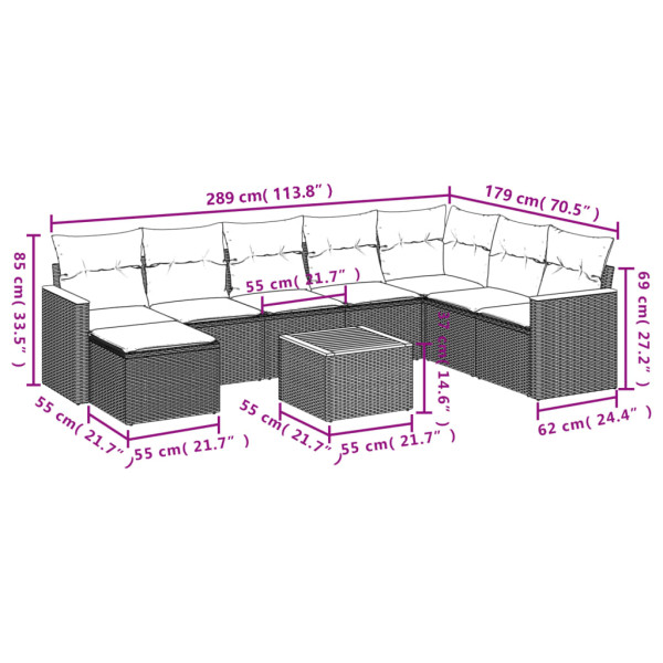 9 pcs conjunto sofás p/ jardim com almofadões vime PE cinzento M 3