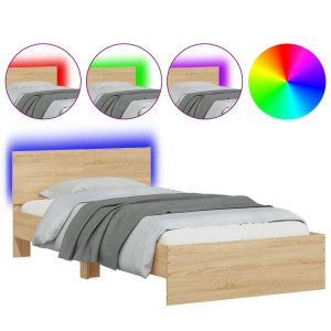 Estructura de cama cabecero luces LED roble Sonoma 100x200 cm H