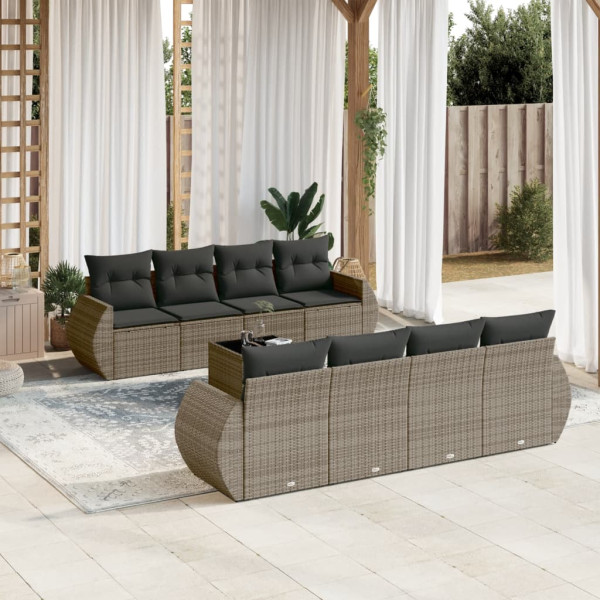 Set de muebles de jardín 9 pzas y cojines ratán sintético gris D