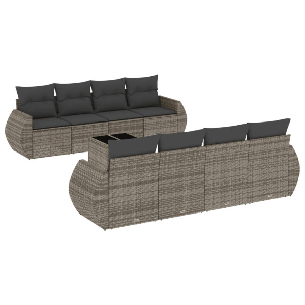 9 pcs conjunto sofás p/ jardim com almofadões vime PE cinzento M 2